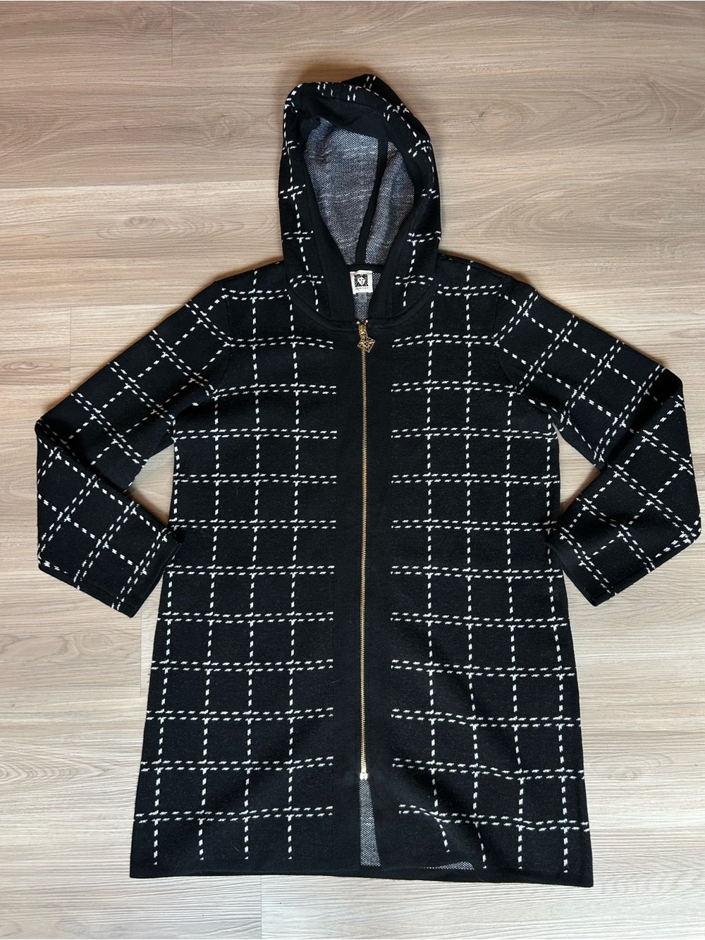 Anne Klein Black Hooded Windowpane Zip-Front Trench Coat